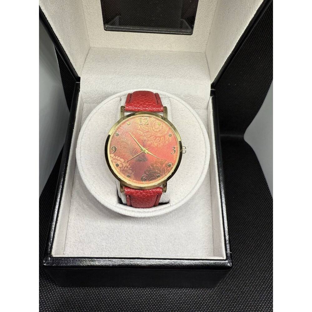 Accutime WM2015015 Women’s Quartz Watch Red Floral Dial PC21 Excellent Condition